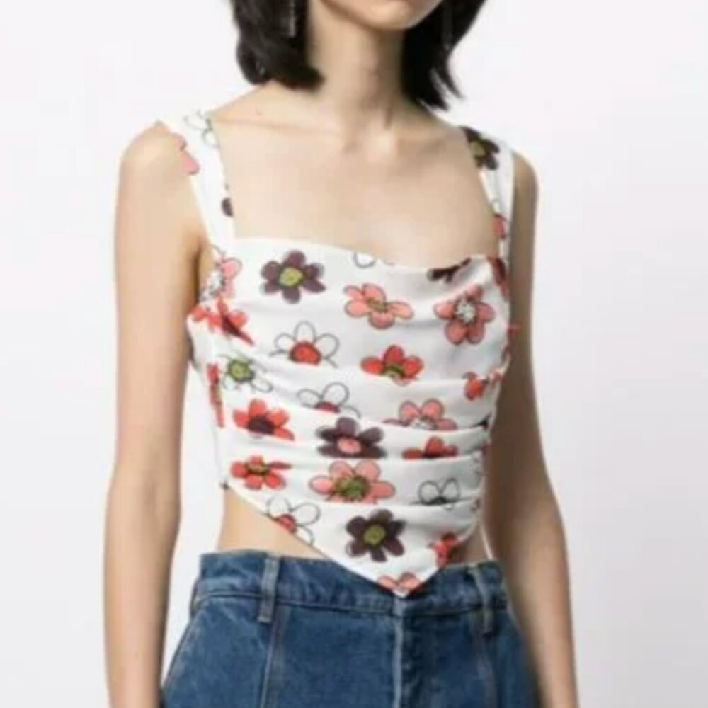 Miaou Tati Scarf Top White Red 90s Floral Print Bandana Corset Tank Tie Back